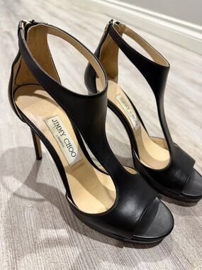 Jimmy Choo Black Leather T-Strap Stiletto Sandals